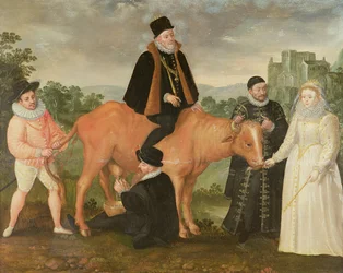 Porträt von Philipp II. (auf einer Kuh reitend), der Herzog von Alençon, der Herzog von Alba, Wilhelm von Oranien und Königin Elisabeth I.